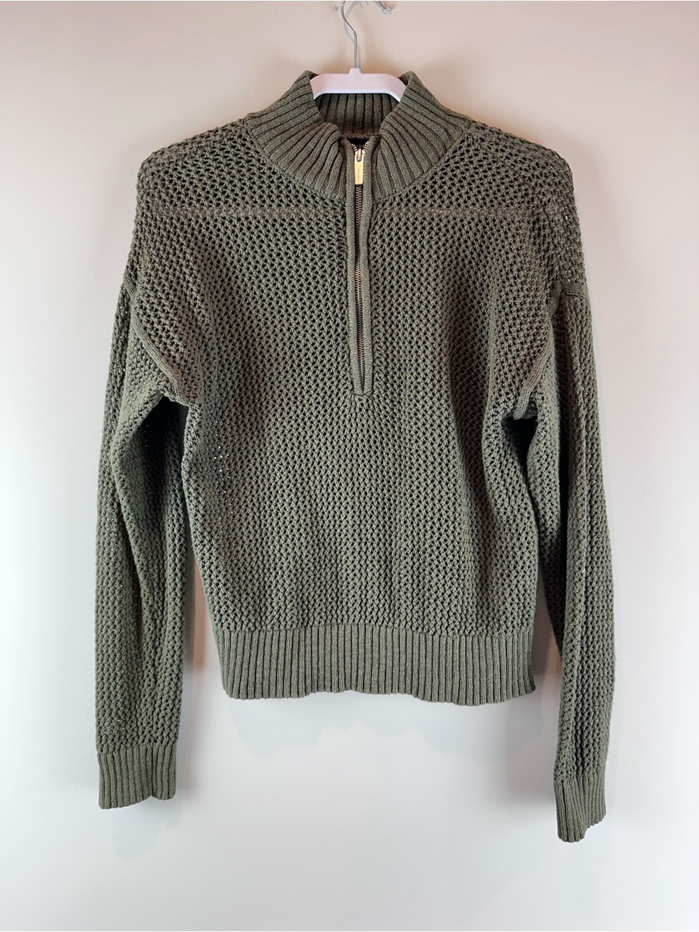 Sanctuary Green Open Knit Half Zip 100% Cotton Pullover Sweater Size Medium